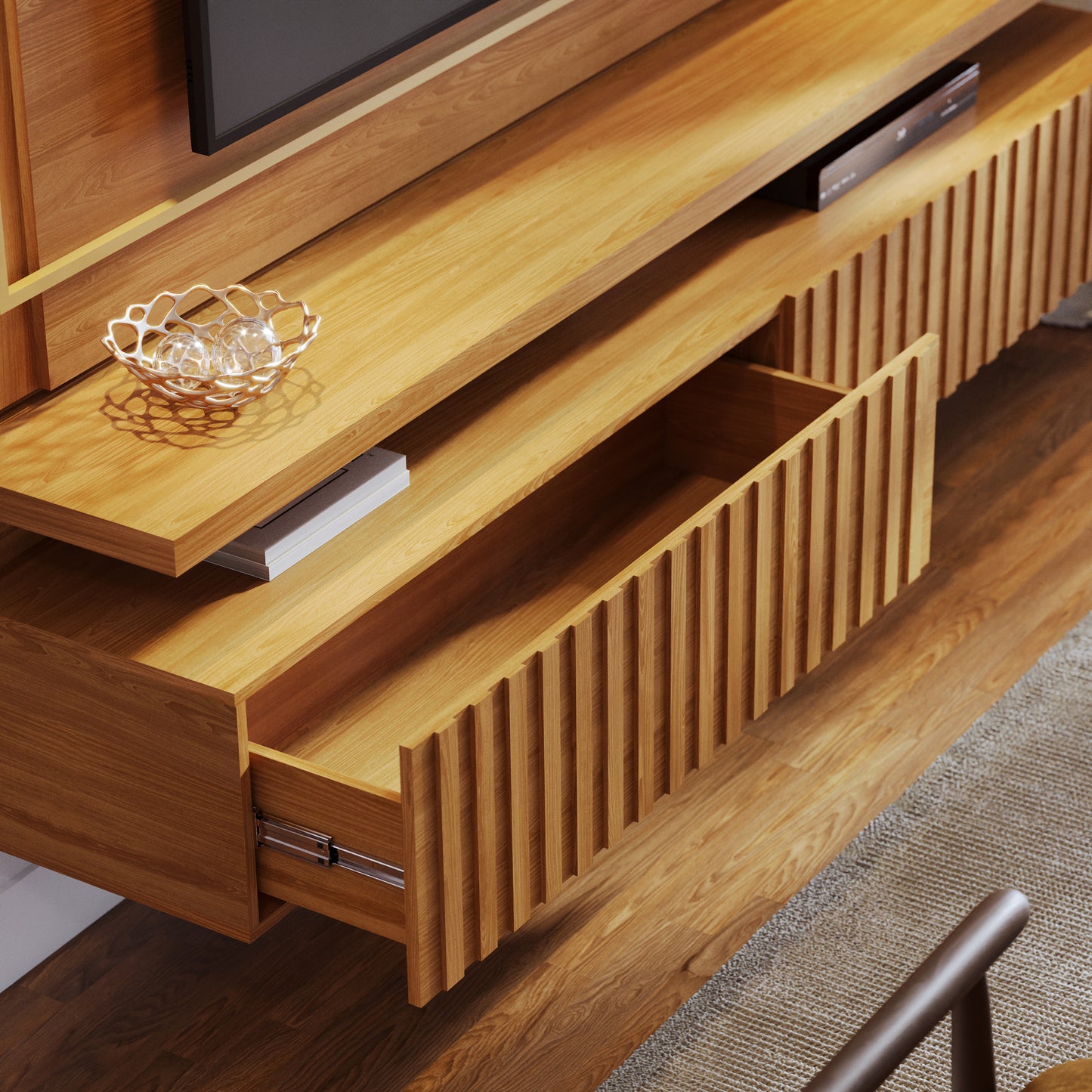 Painel Home Suspenso Gaia para TV Design Ripadas e Iluminação LED