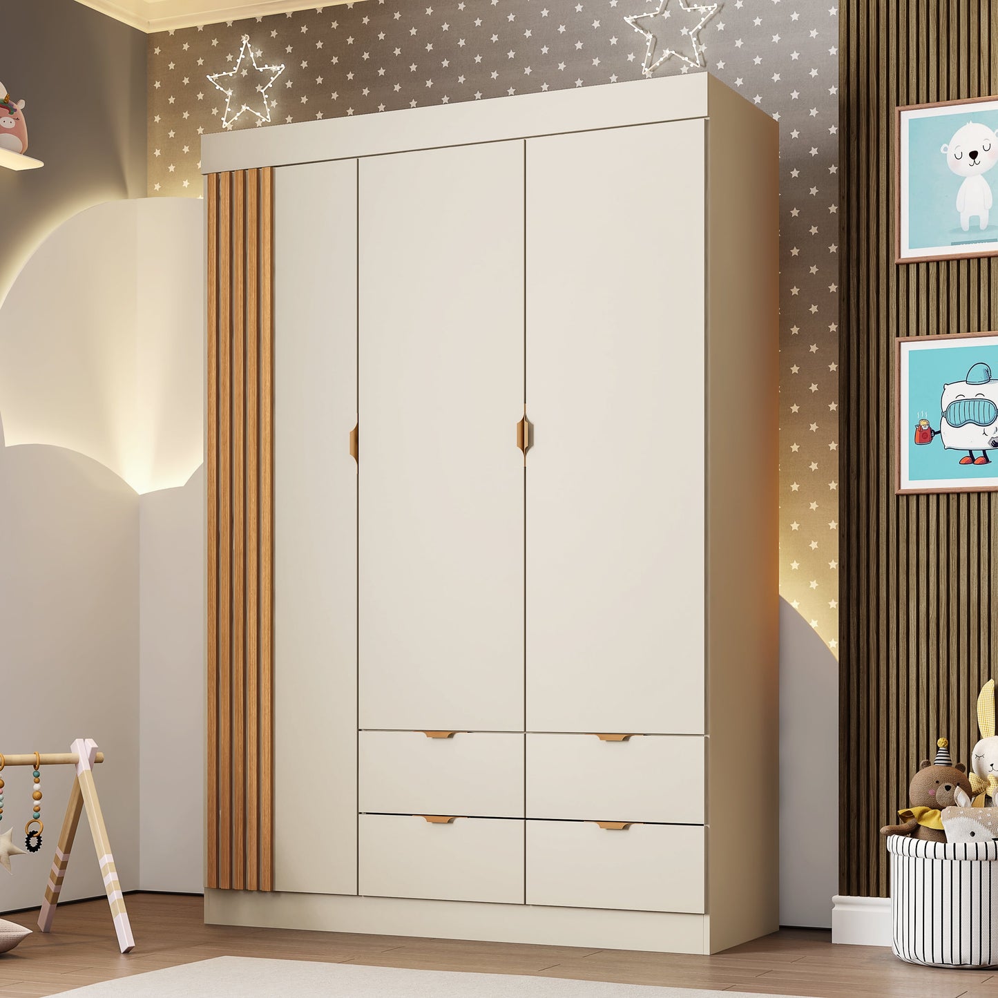 Guarda-Roupa Ayla 100% MDF com Detalhe Ripado e Corrediças Telescópicas