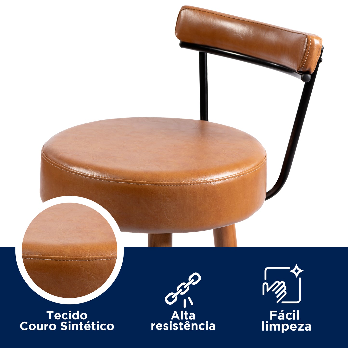 Banqueta Alta Nápoles Alta com Assento Estofado e Pés de Madeira