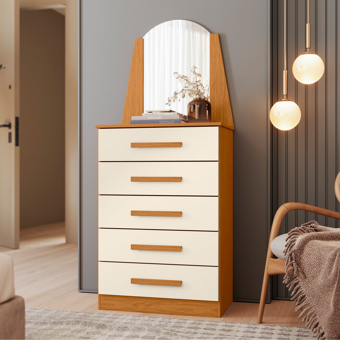 Cômoda New Veneza - 5 Gavetas em MDP com Espelho