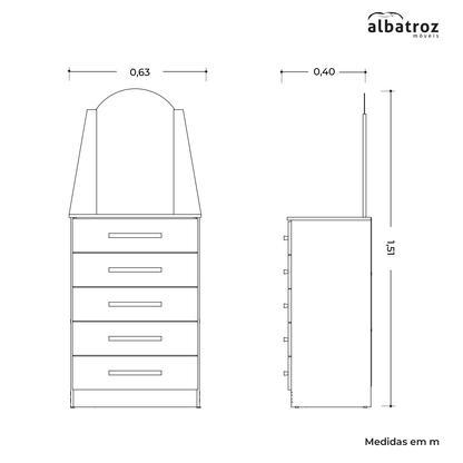 Cômoda New Veneza - 5 Gavetas em MDP com Espelho