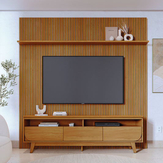 Composição Luna com Painel Piso-Teto Ripado e Bancada com Gavetas