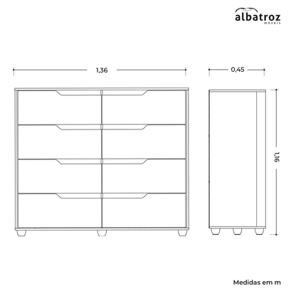 Cômoda Doble 8 Gavetas em MDP com Pintura UV