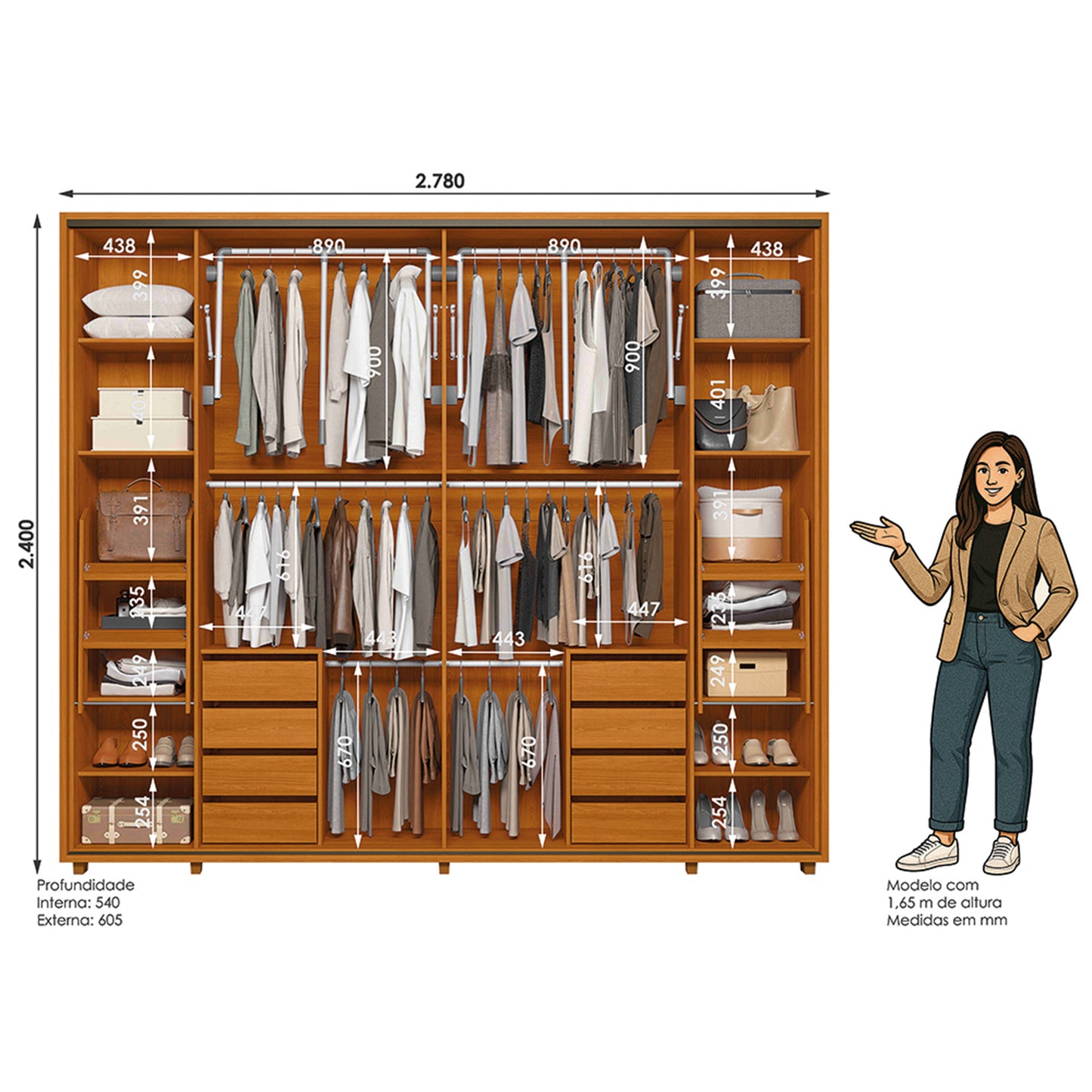 Guarda-roupa Dalí com Escada MDF Ripado 2 Portas e 8 Gavetas