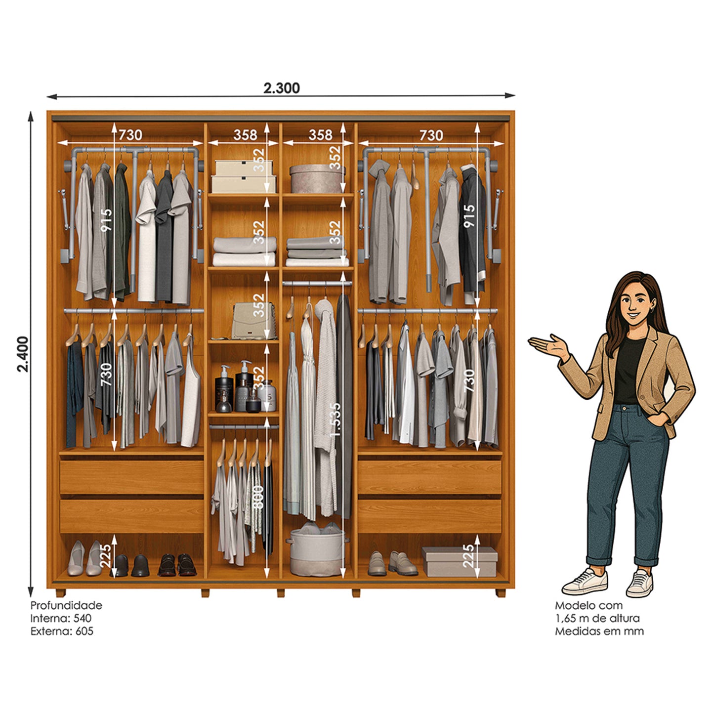 Guarda-roupa Monet MDF Ripado 2 Portas de Correr e 4 Gavetas