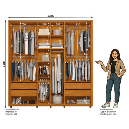 Guarda-roupa Monet MDF Ripado 2 Portas de Correr e 4 Gavetas