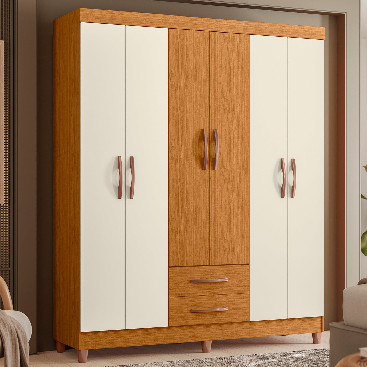 Guarda-Roupa Âmbar 6 Portas em MDP com Corrediças Telescópicas e Amplo Espaço Interno