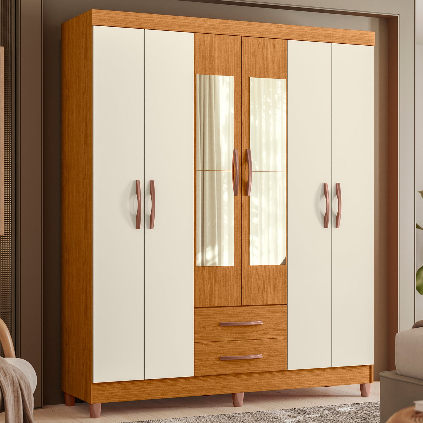 Guarda-Roupa Âmbar 6 Portas em MDP com Corrediças Telescópicas e Amplo Espaço Interno