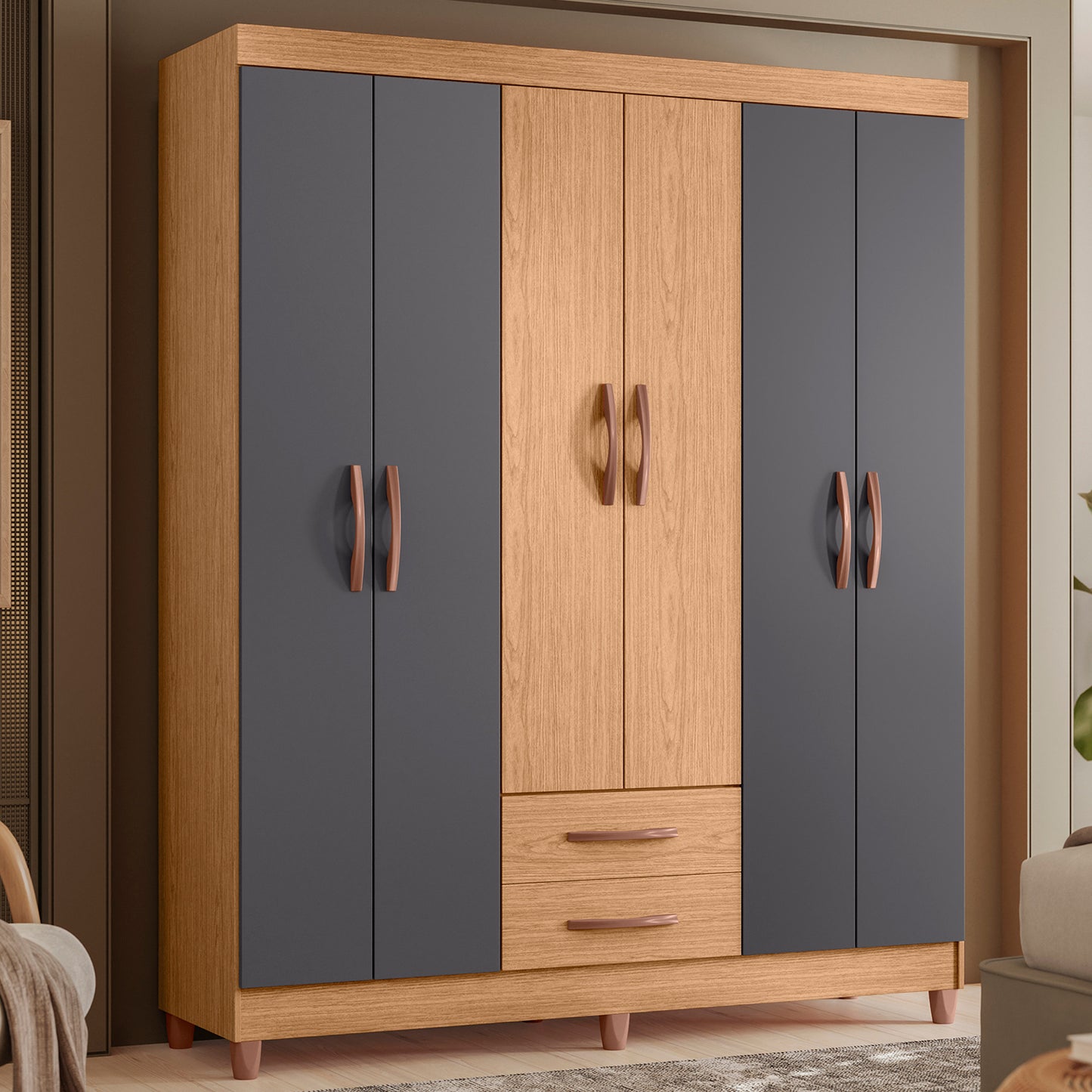 Guarda-Roupa Âmbar 6 Portas em MDP com Corrediças Telescópicas e Amplo Espaço Interno