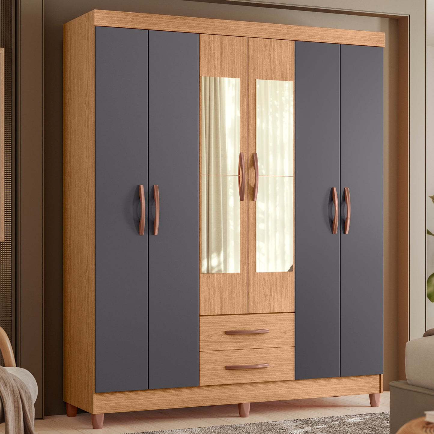 Guarda-Roupa Âmbar 6 Portas em MDP com Corrediças Telescópicas e Amplo Espaço Interno