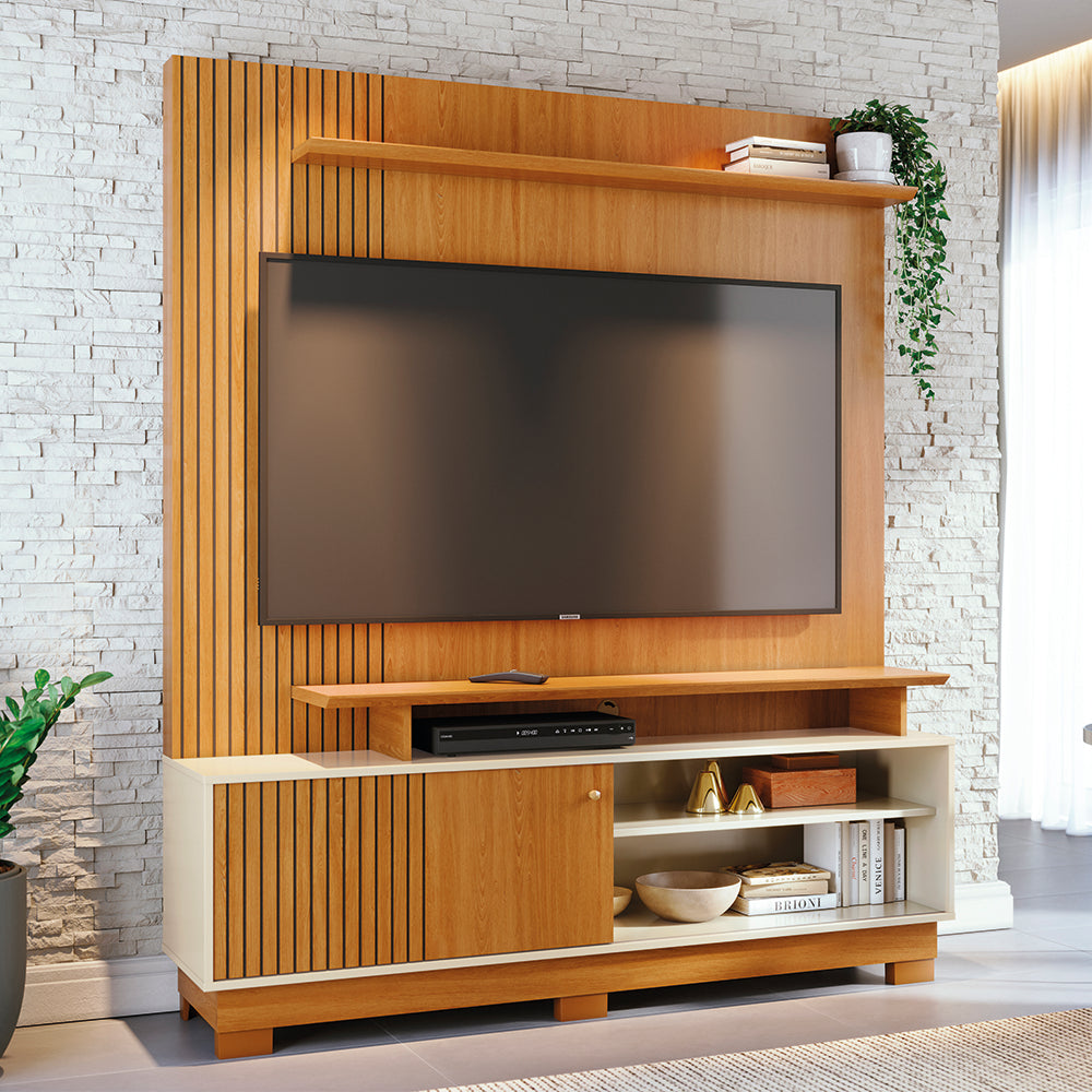 Home Theater Ares com Porta Deslizante e Painel Ripado