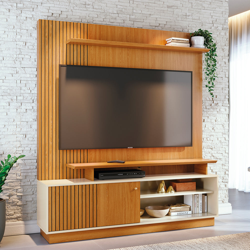 Home Theater Ares com Porta Deslizante e Painel Ripado