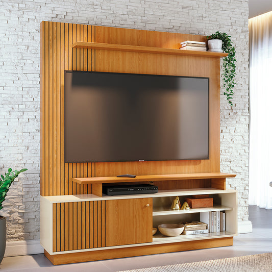 Home Theater Ares com Porta Deslizante e Painel Ripado
