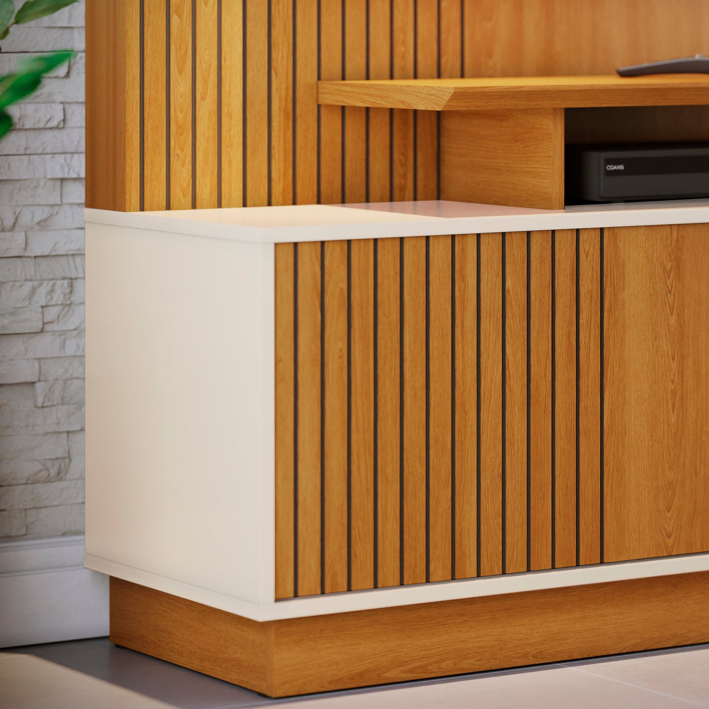 Home Theater Ares com Porta Deslizante e Painel Ripado