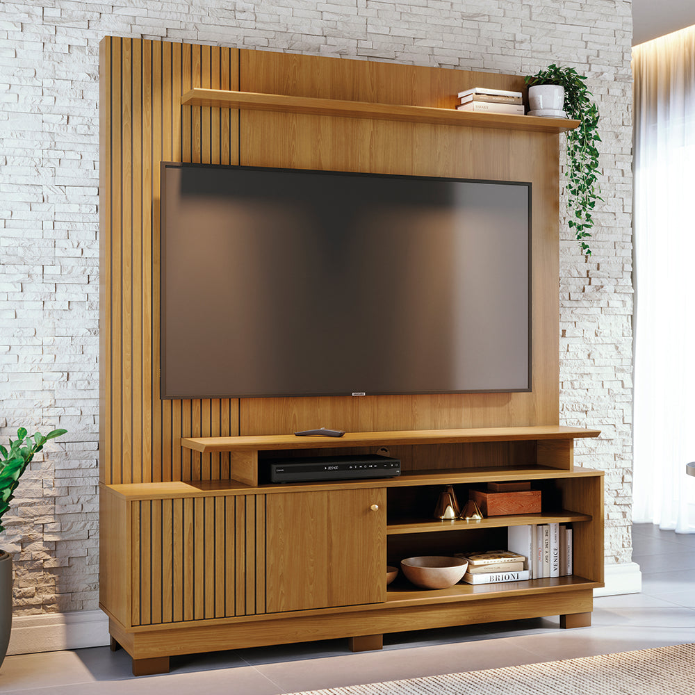 Home Theater Ares com Porta Deslizante e Painel Ripado