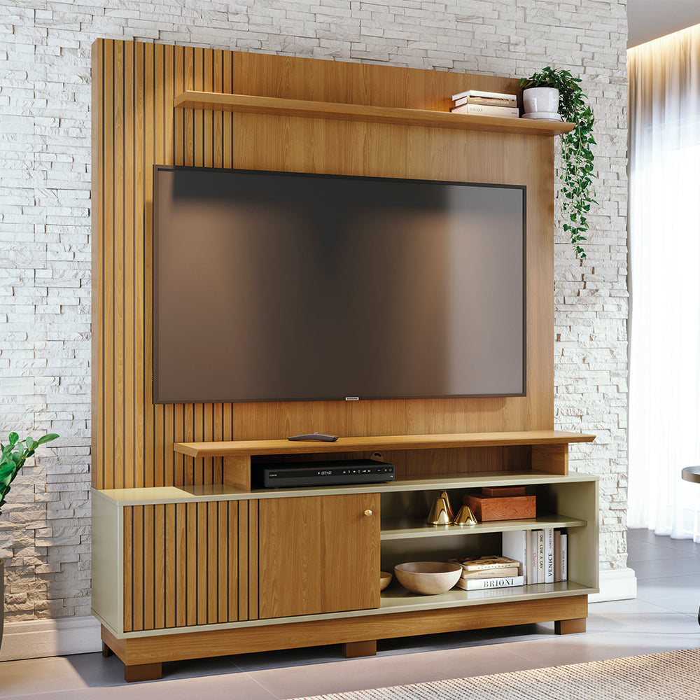 Home Theater Ares com Porta Deslizante e Painel Ripado