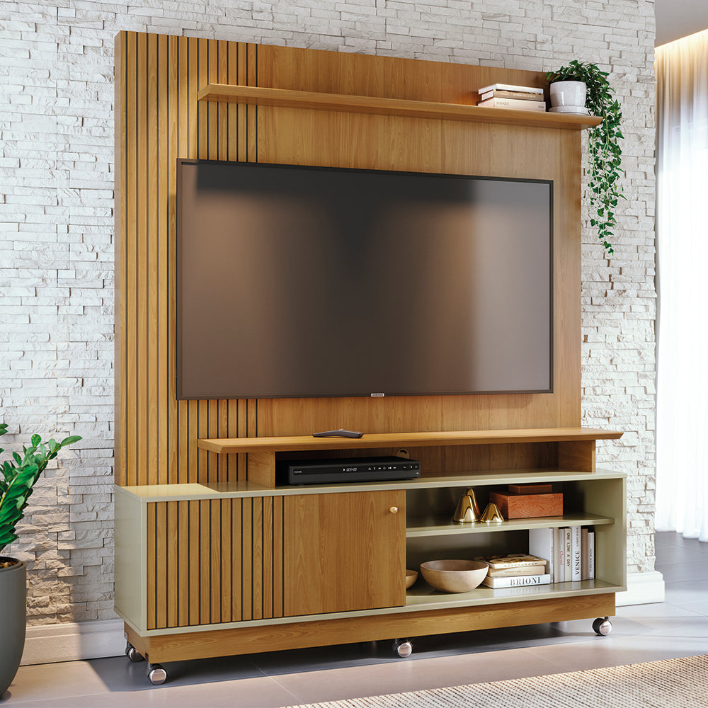 Home Theater Ares com Porta Deslizante e Painel Ripado