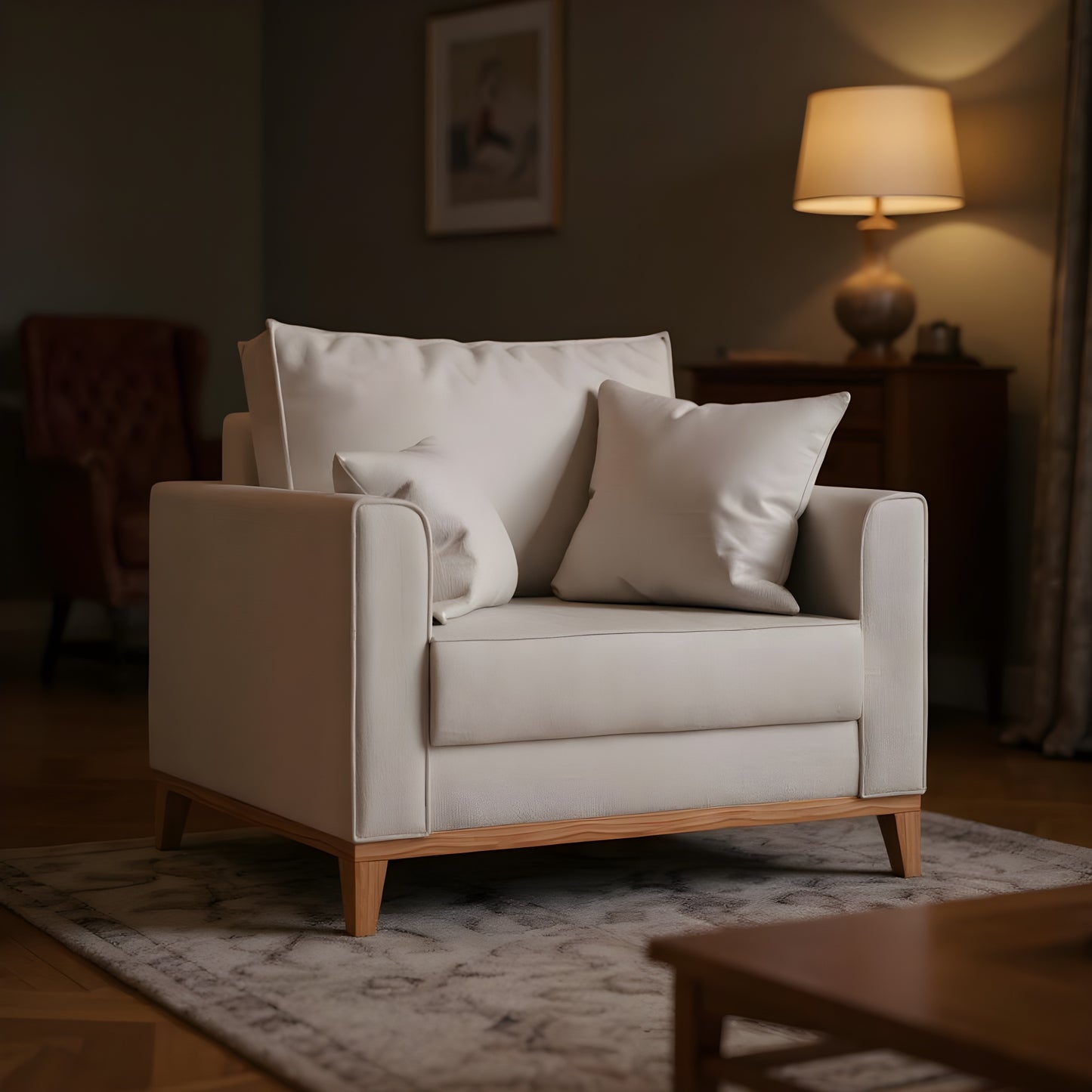 Poltrona Beny com Pés e Base em Madeira