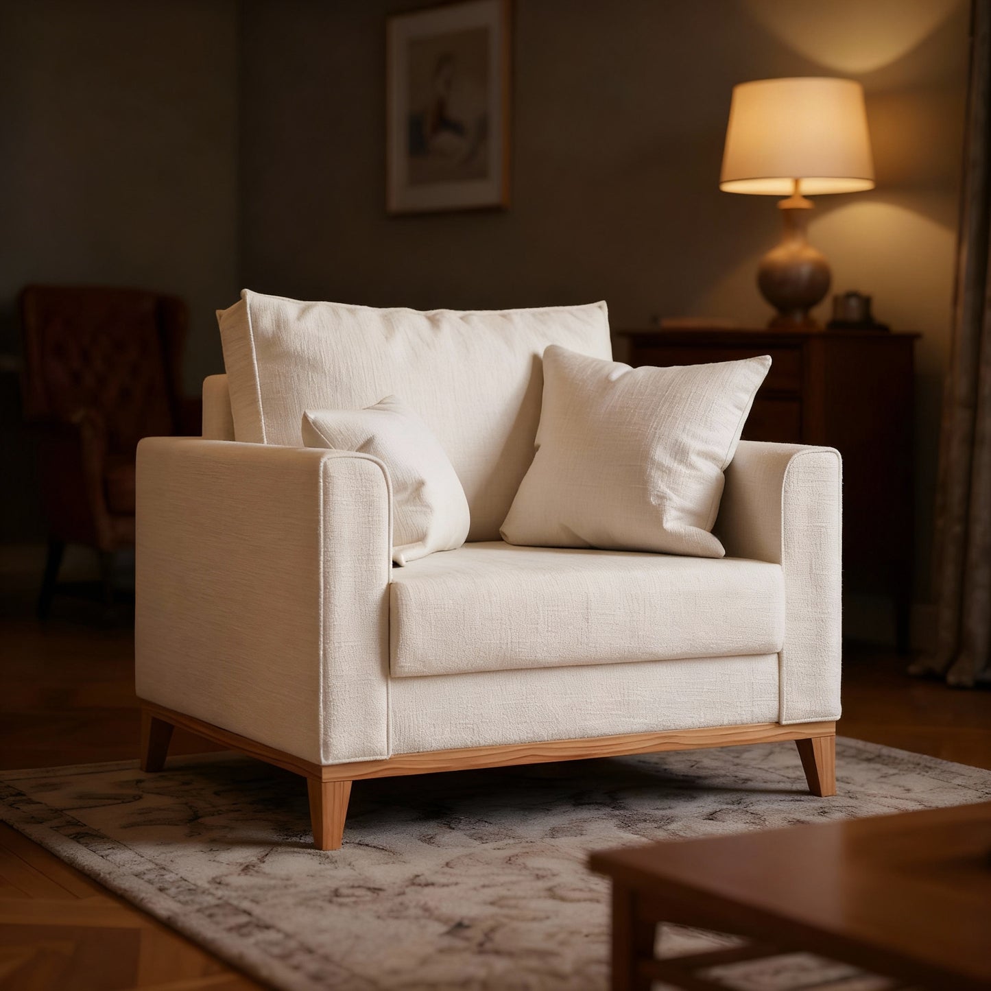 Poltrona Beny com Pés e Base em Madeira