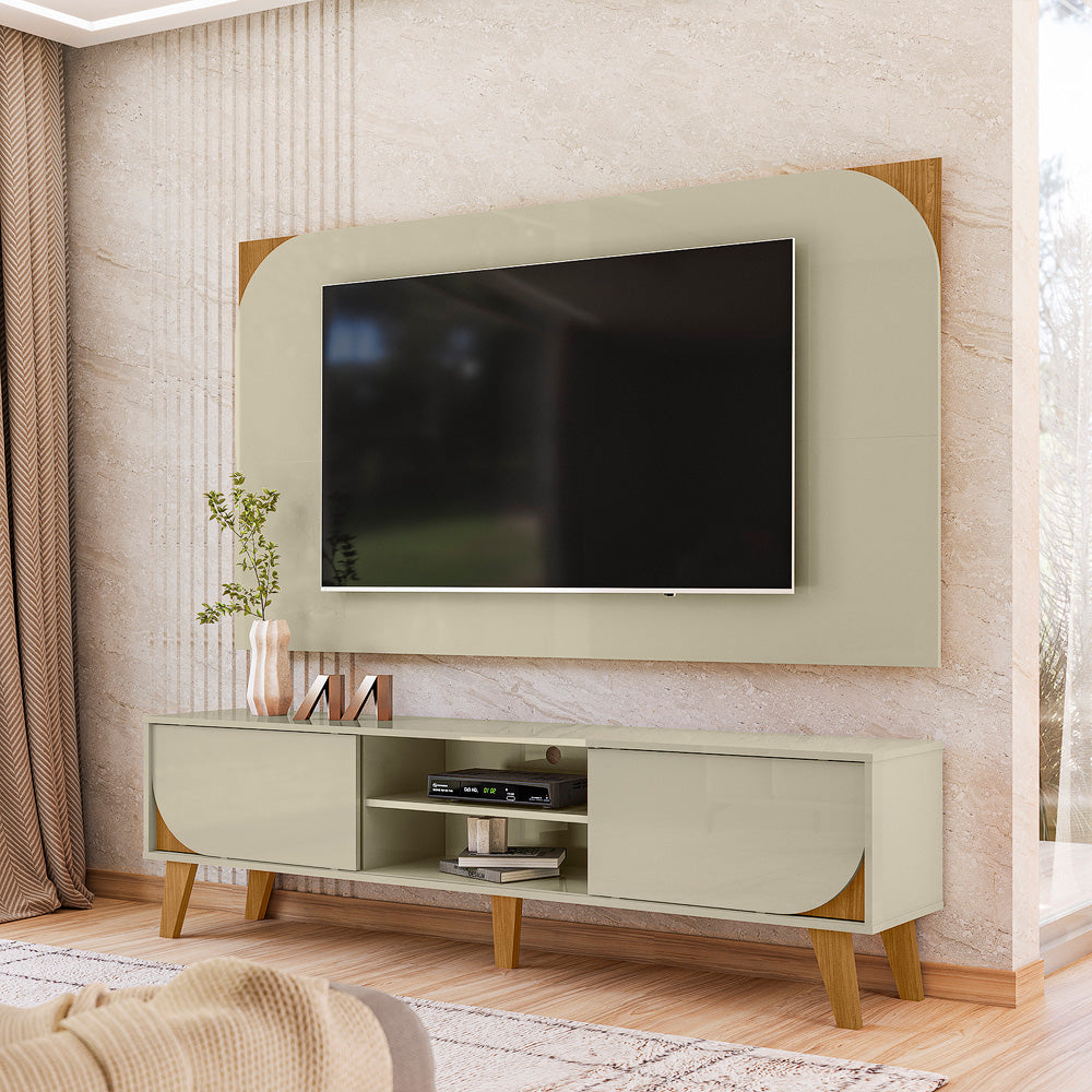 Combo Home Rack e Painel com Portas Deslizantes e Design Curvo