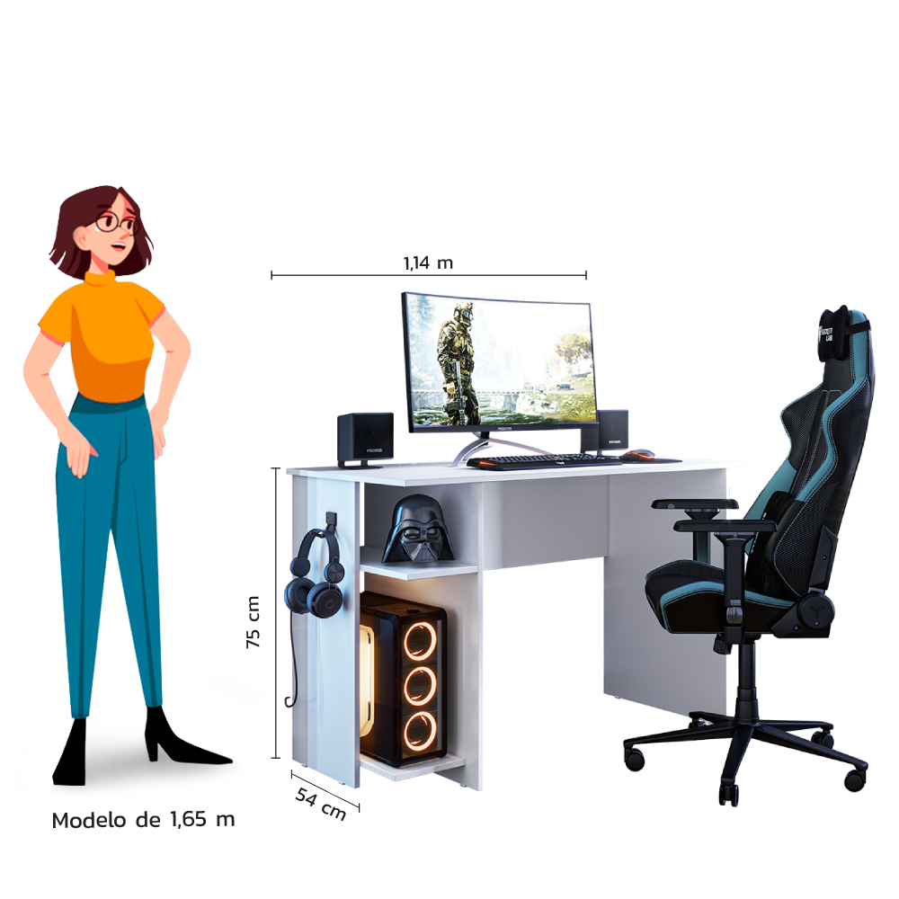 Mesa para Escritório e Gamer com Prateleira Elevada e Suporte para Fone