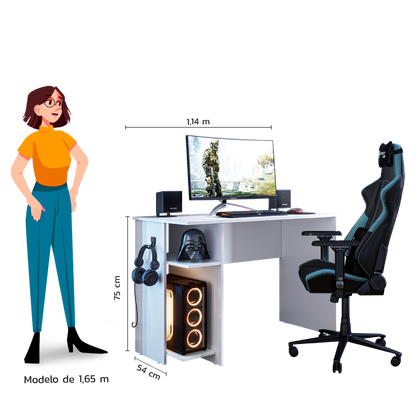 Mesa para Escritório e Gamer com Prateleira Elevada e Suporte para Fone