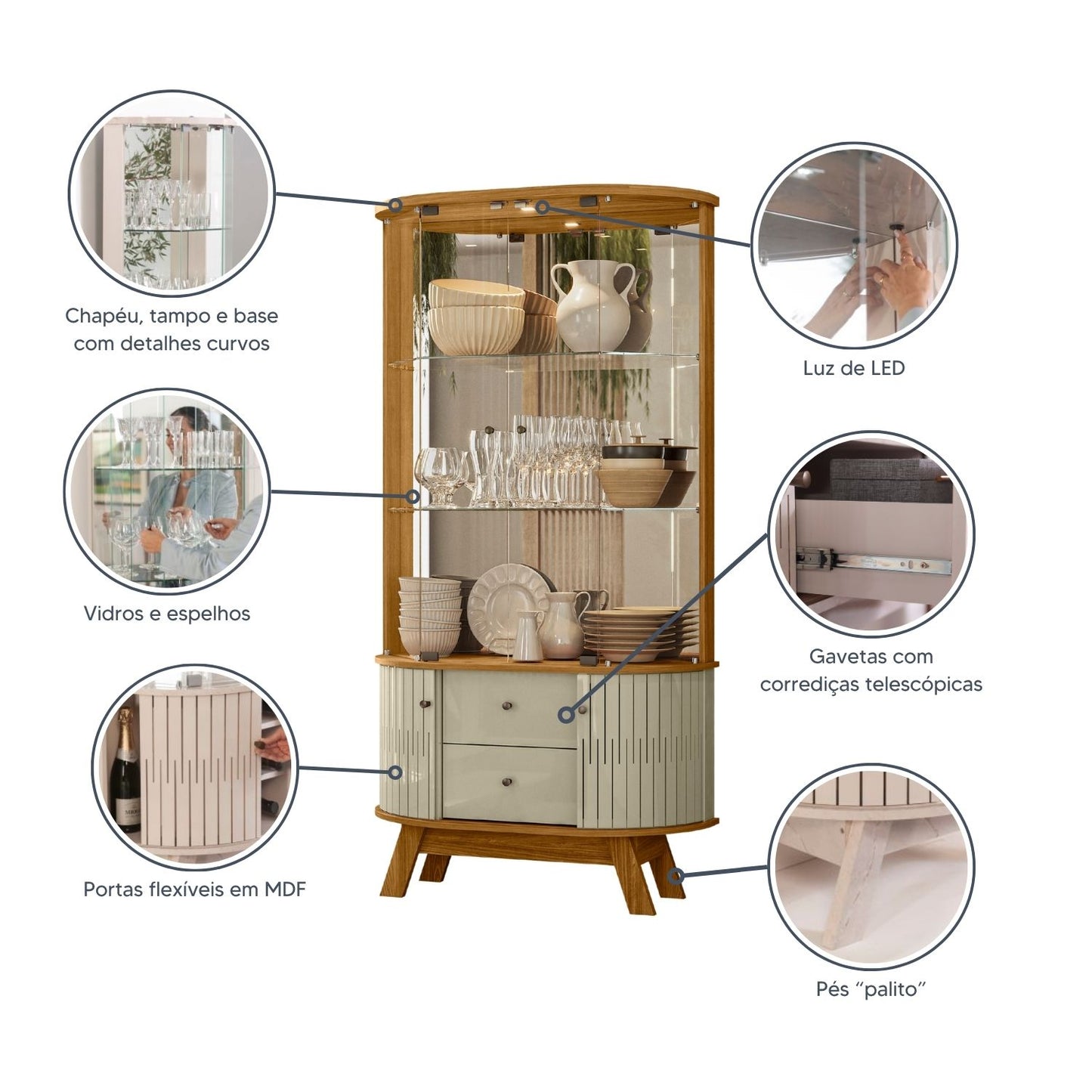 Cristaleira Moss com Portas de Vidro Curvo e LED