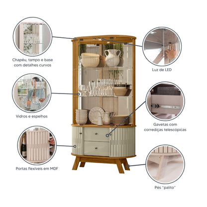 Cristaleira Moss com Portas de Vidro Curvo e LED