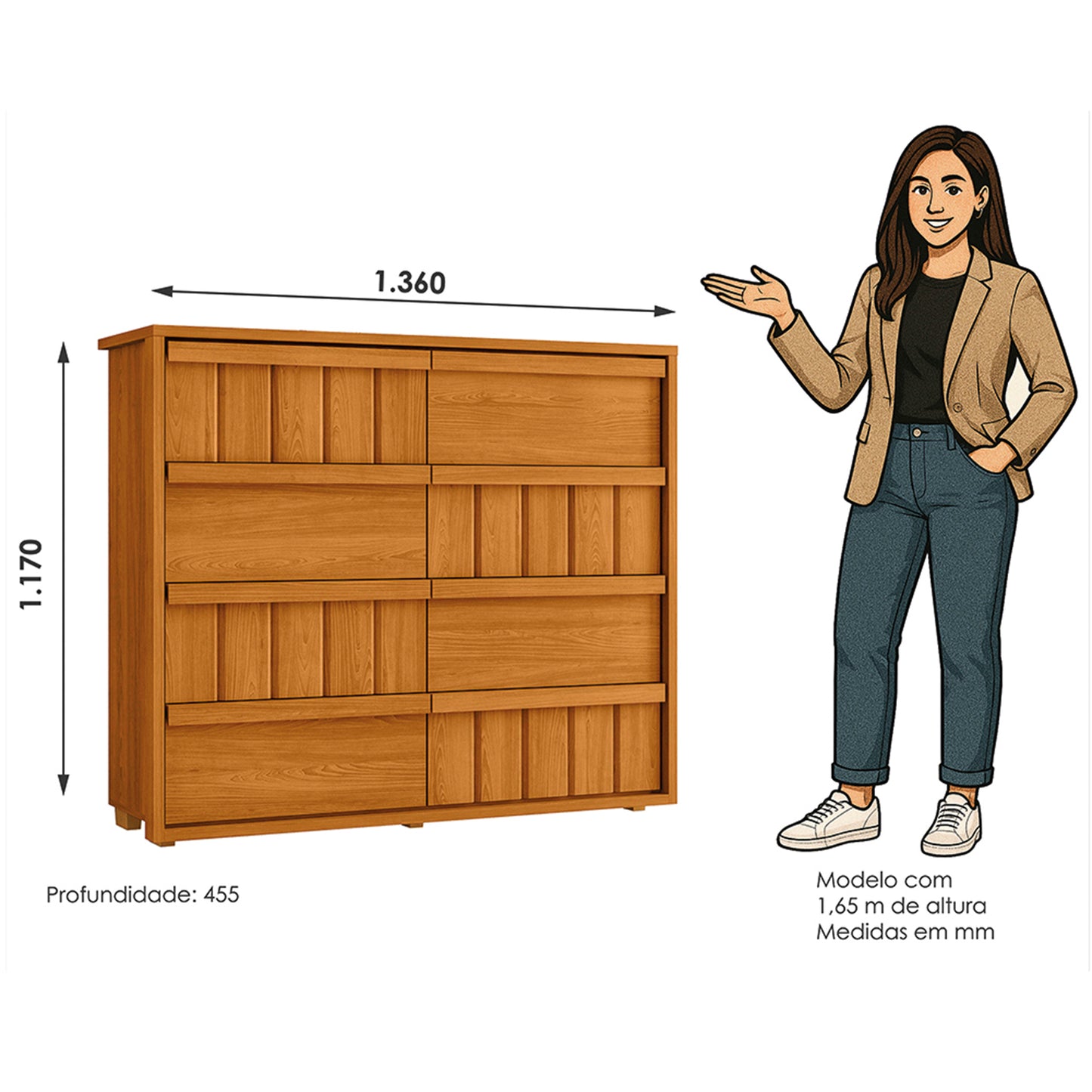 Cômoda Tarsila 100% MDF Ripado 8 Gavetas