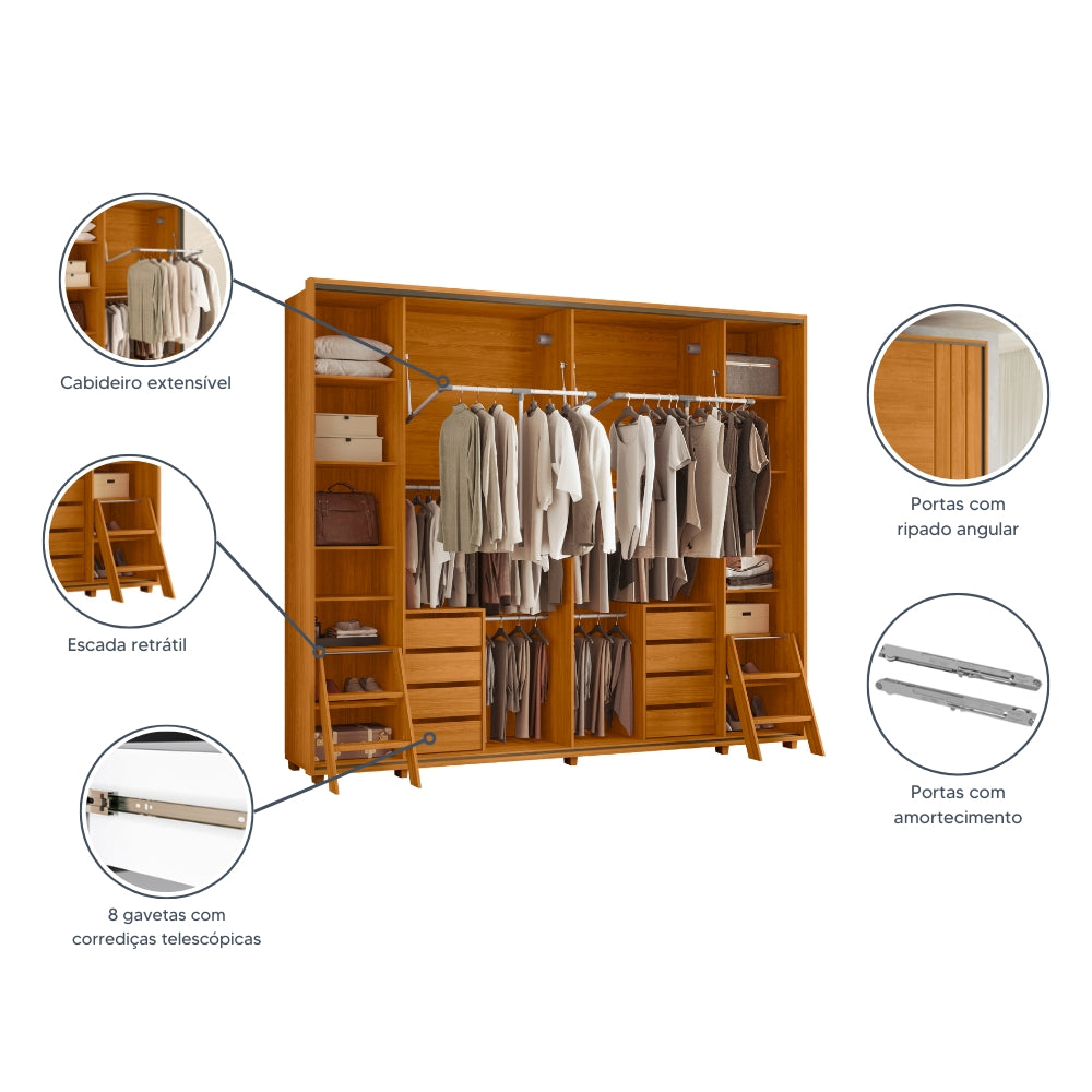 Guarda-roupa Dalí com Escada MDF Ripado 2 Portas e 8 Gavetas