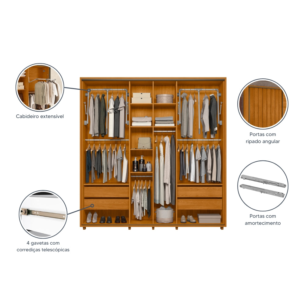 Guarda-roupa Monet MDF Ripado 2 Portas de Correr e 4 Gavetas