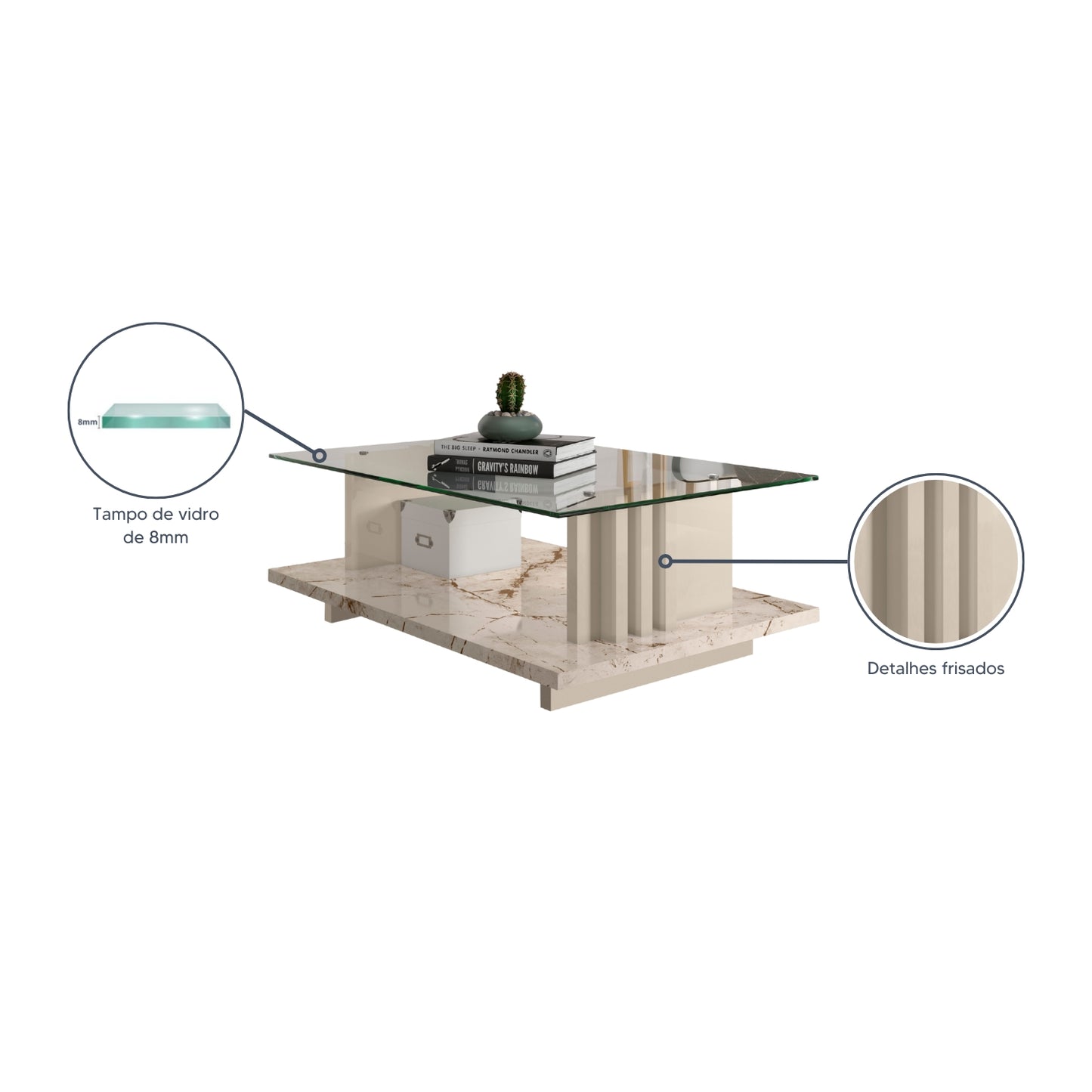 Mesa de Centro Frizz Compacta Elegante com Tampo de Vidro