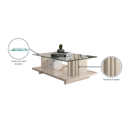 Mesa de Centro Frizz Compacta Elegante com Tampo de Vidro