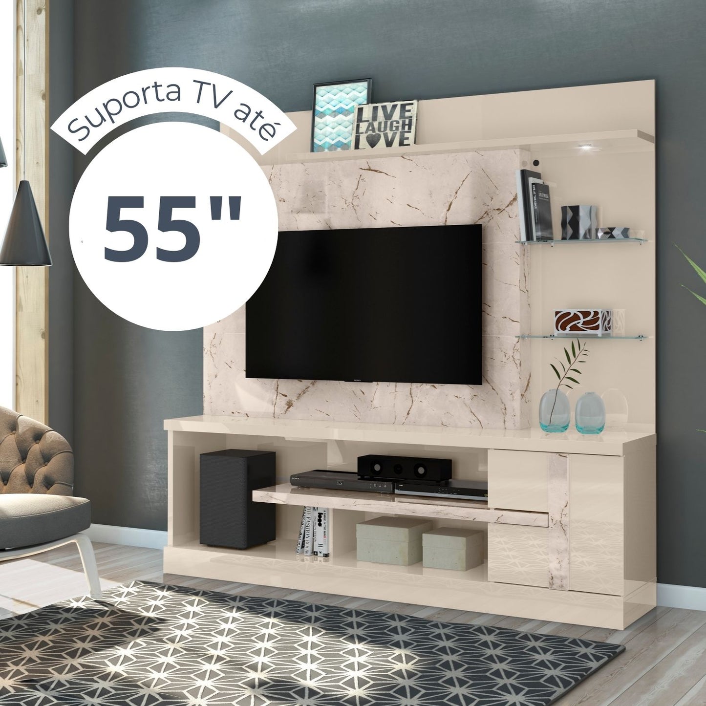 Home Theater Alan com Prateleiras em Vidro e Iluminação LED