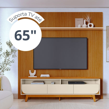 Composição Luna com Painel Piso-Teto Ripado e Bancada com Gavetas